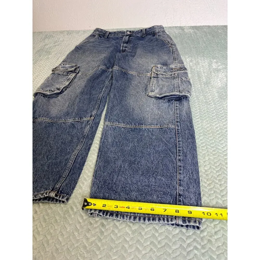 Bershka Skater Cargo Jeans Baggy Wide Leg Blue Denim Y2K Size 30